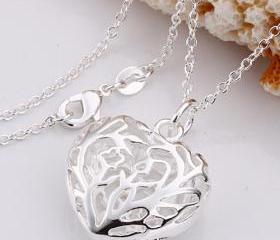 .925 Sterling Silver Hollow Heart Pendant Necklace + Gift box