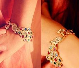  Vintage Gold Multi-Color Full Rhinestones Crystal Peacock Hand Chain Bracelet